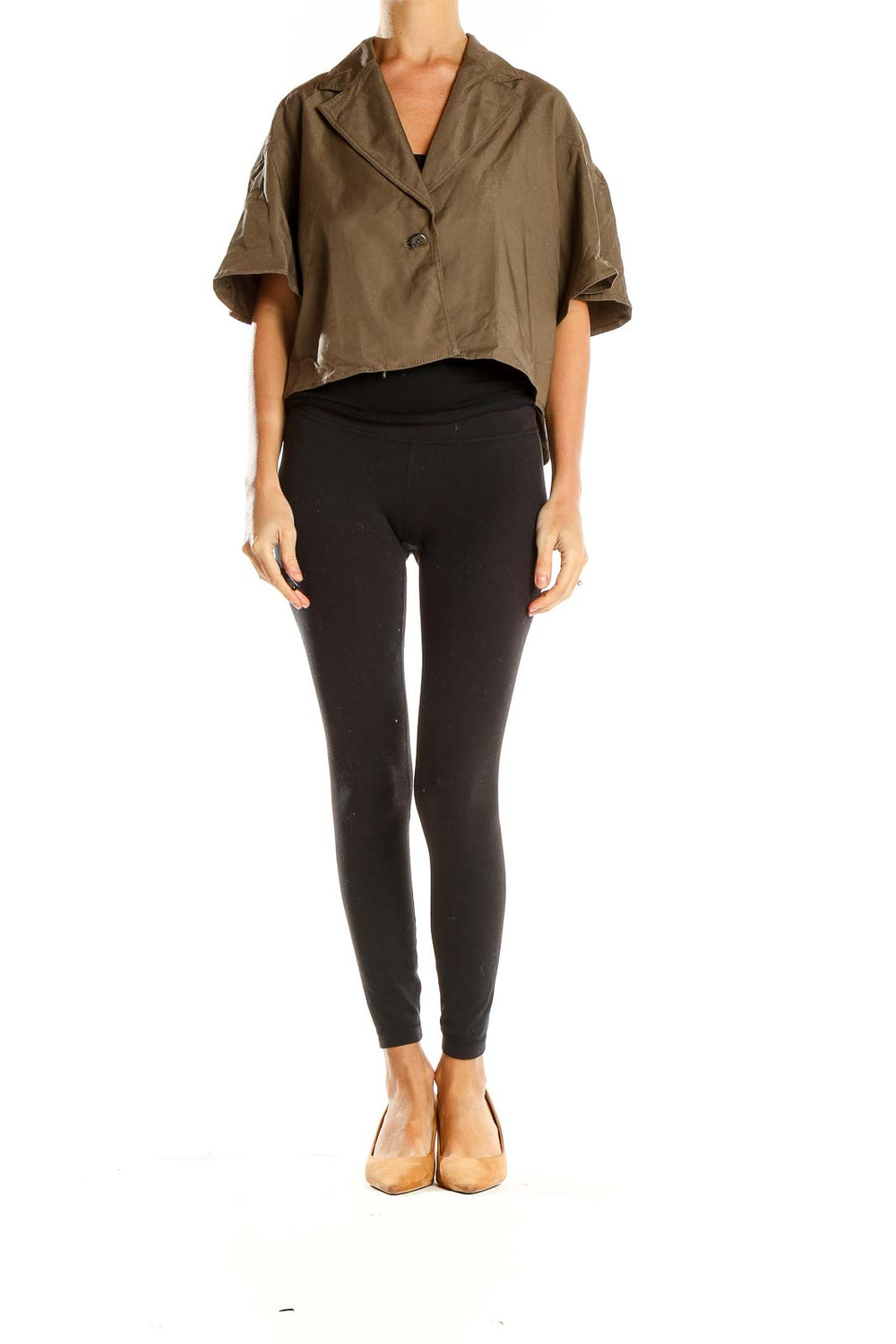 Front view of Simply Vera Vera Wang olive cropped jacket with wide sleeves