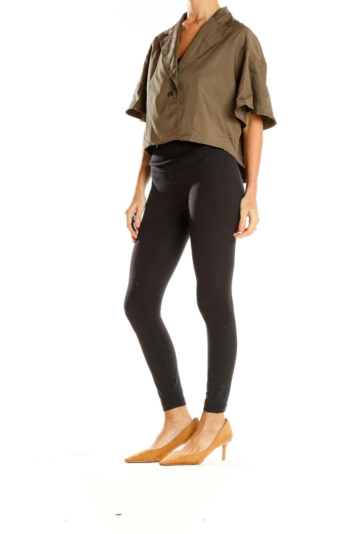Front view of Simply Vera Vera Wang olive cropped jacket with wide sleeves