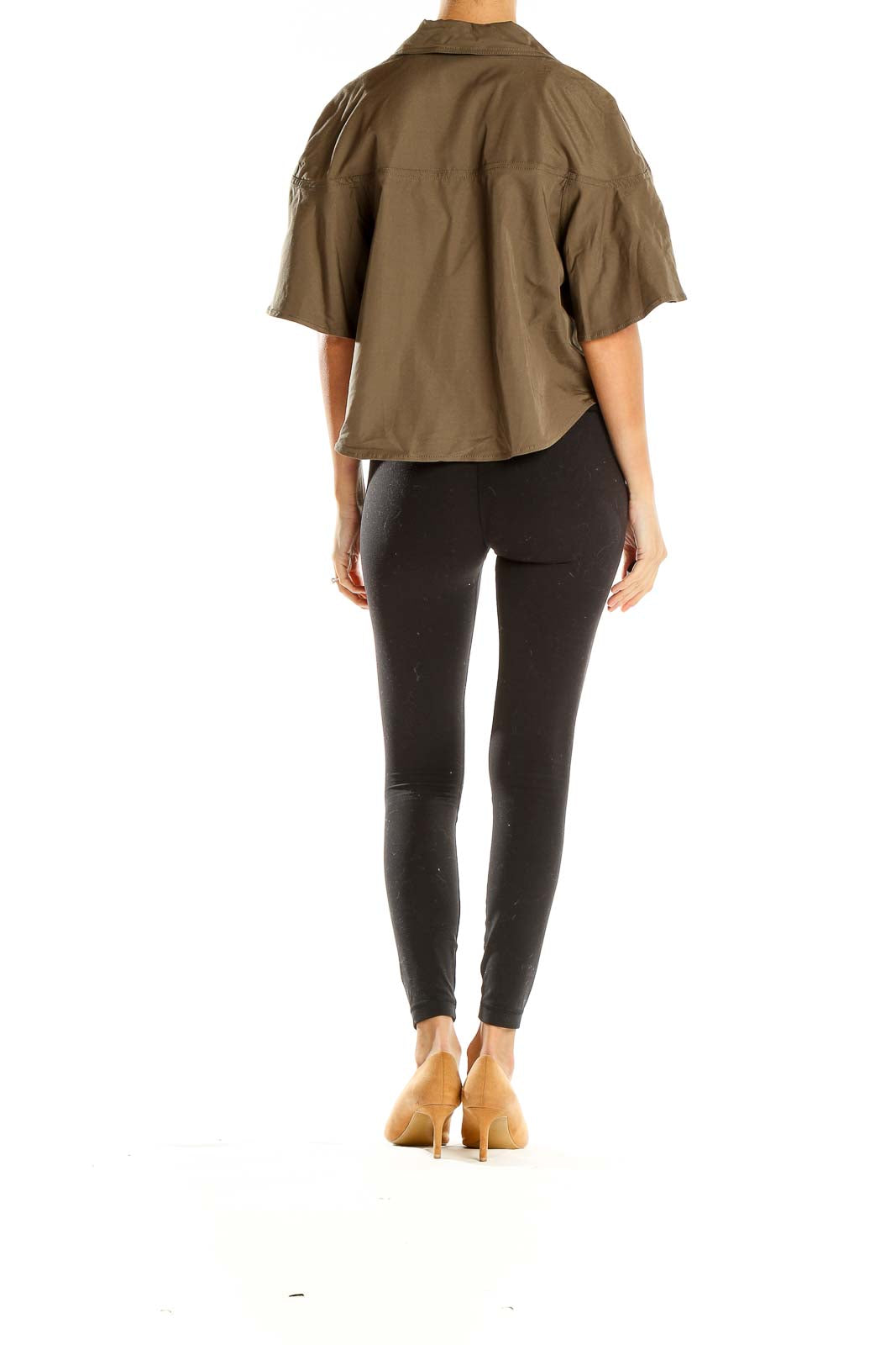Back view of Simply Vera Vera Wang olive cropped jacket showing wide sleeve design