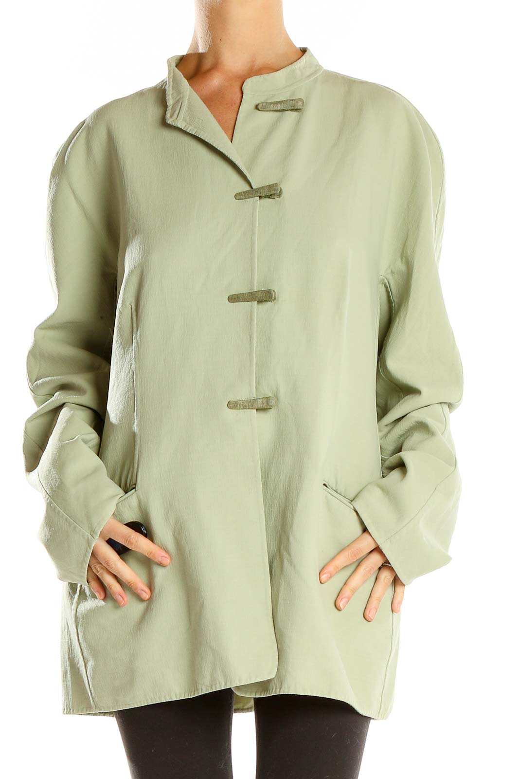 Front view of Giorgio Armani sage green oversized toggle coat