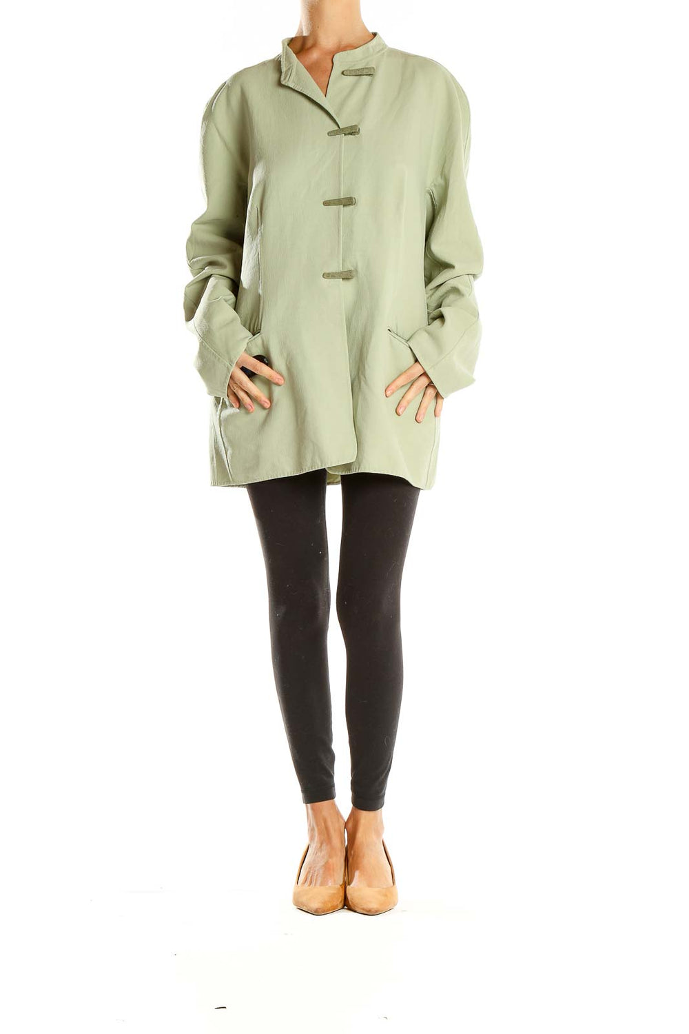 Front view of Giorgio Armani sage green oversized toggle coat