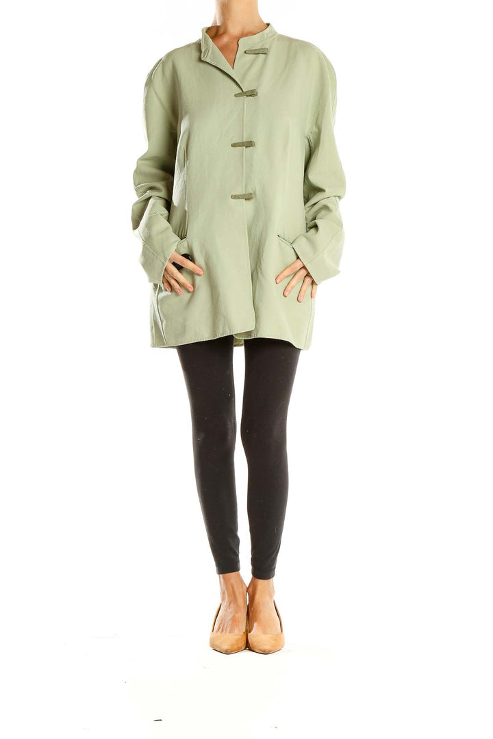 Front view of Giorgio Armani sage green oversized toggle coat