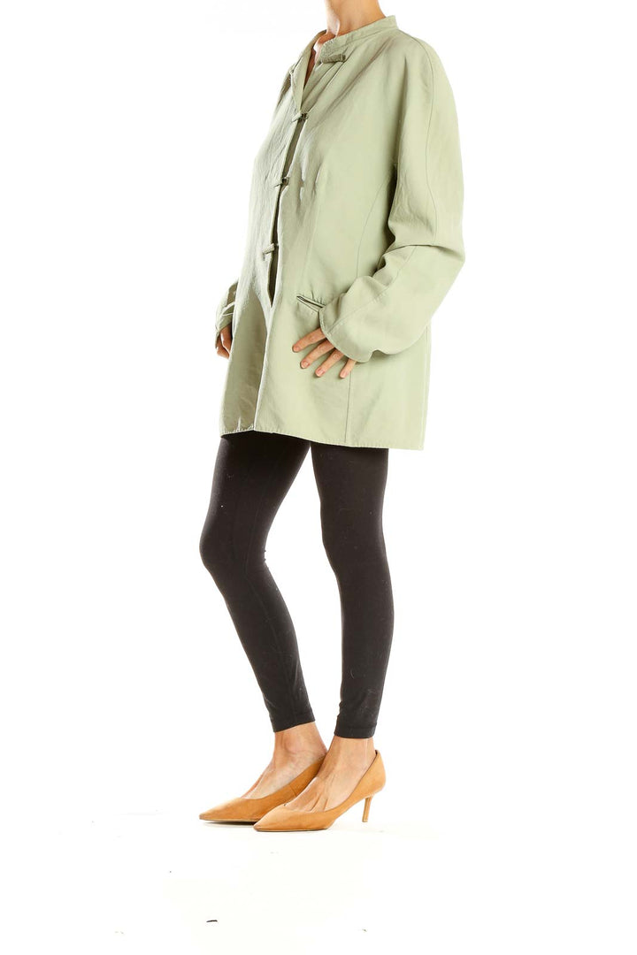 Front view of Giorgio Armani sage green oversized toggle coat