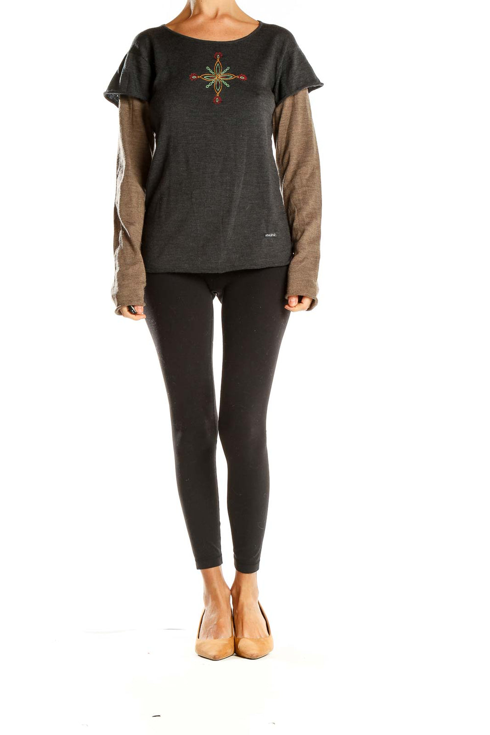 Front view of Athleta charcoal layered top with embroidered floral design