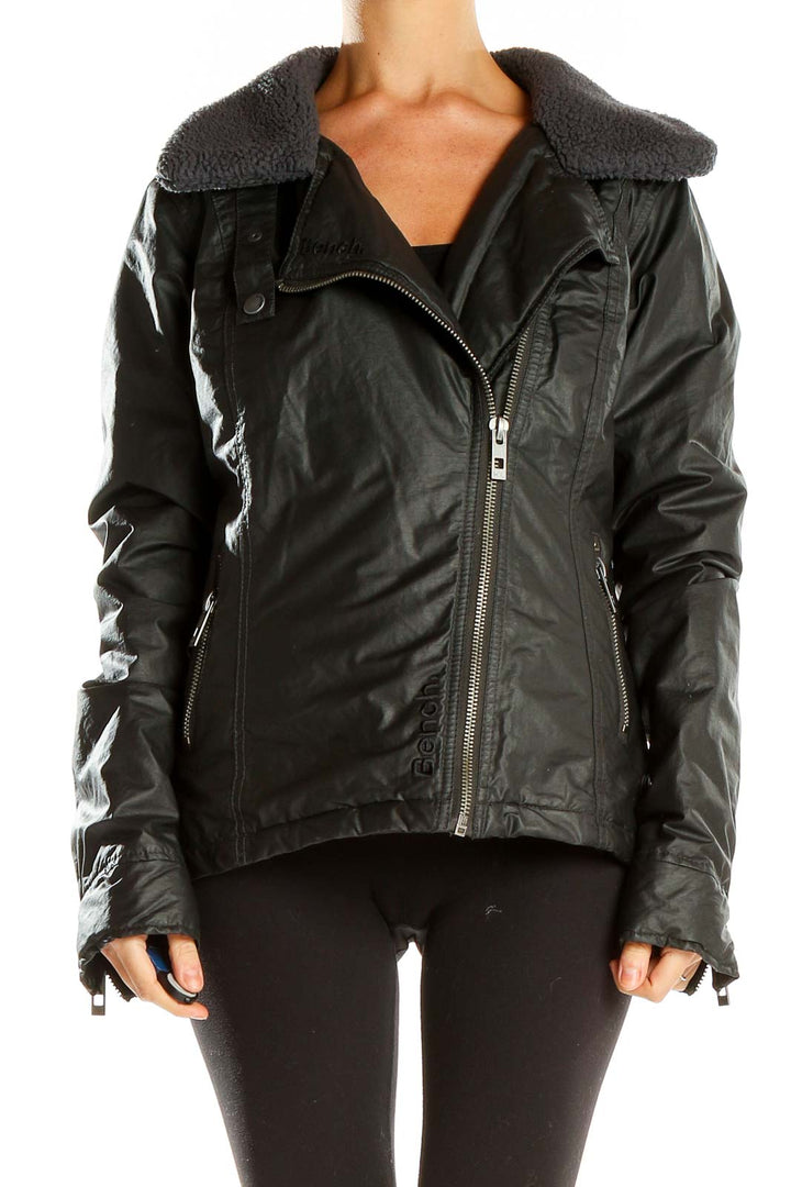 Front view of black faux leather moto jacket by Bench with sherpa collar