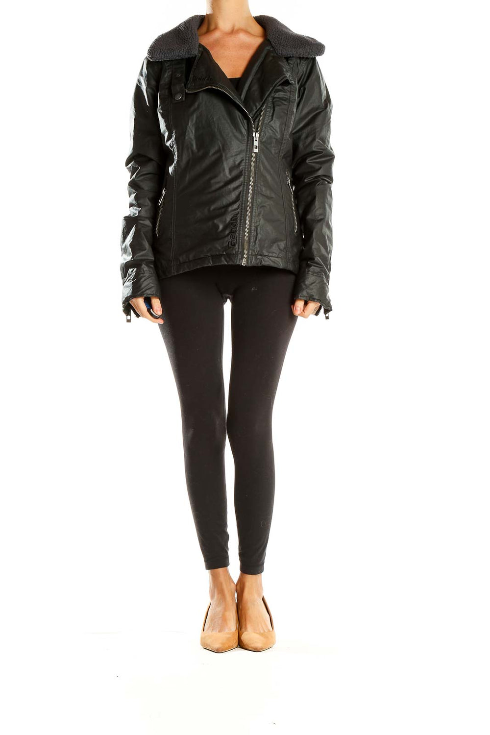 Front view of black faux leather moto jacket by Bench with sherpa collar