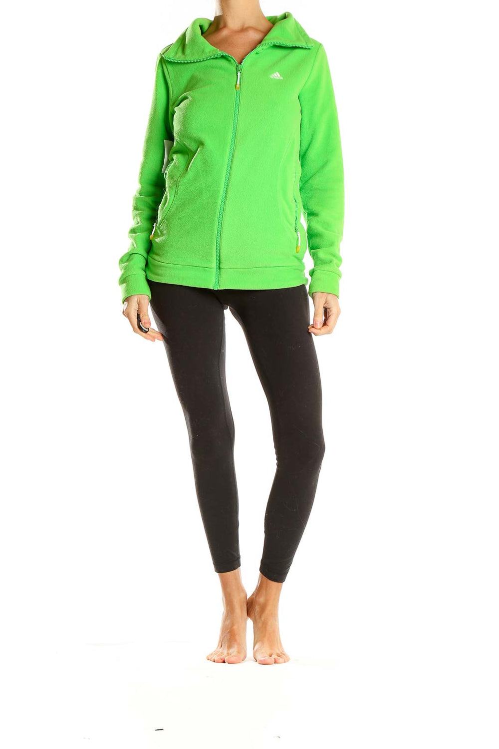 Front view of green Adidas fleece full-zip jacket on model