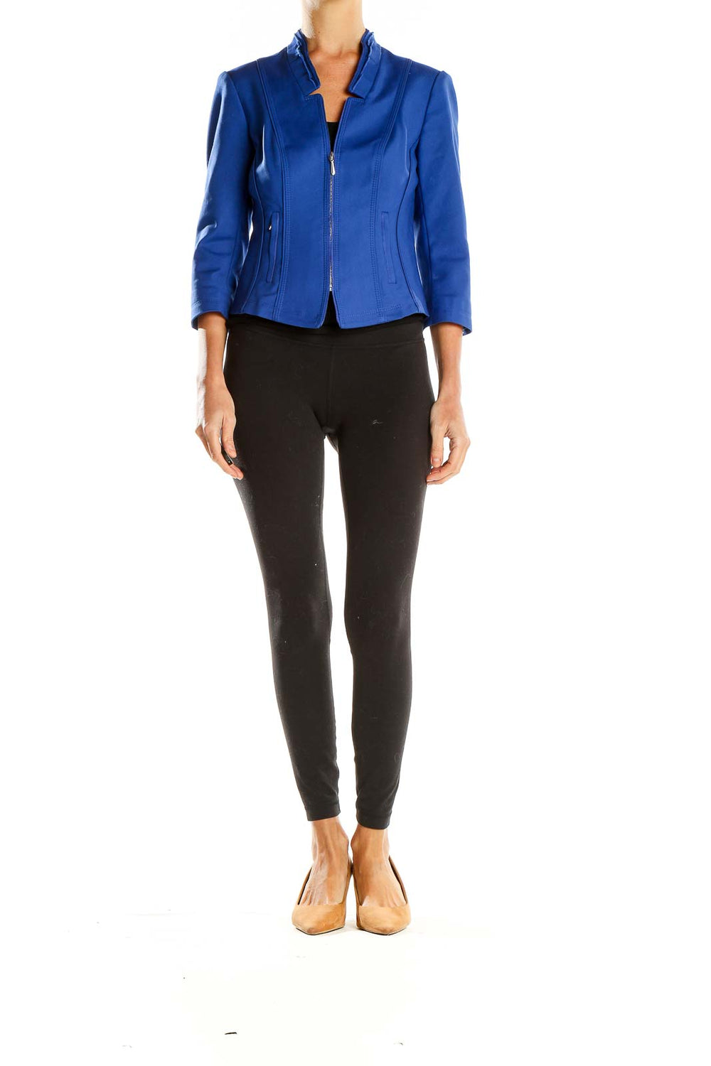 Front view of blue structured zip-front blazer from White House Black Market