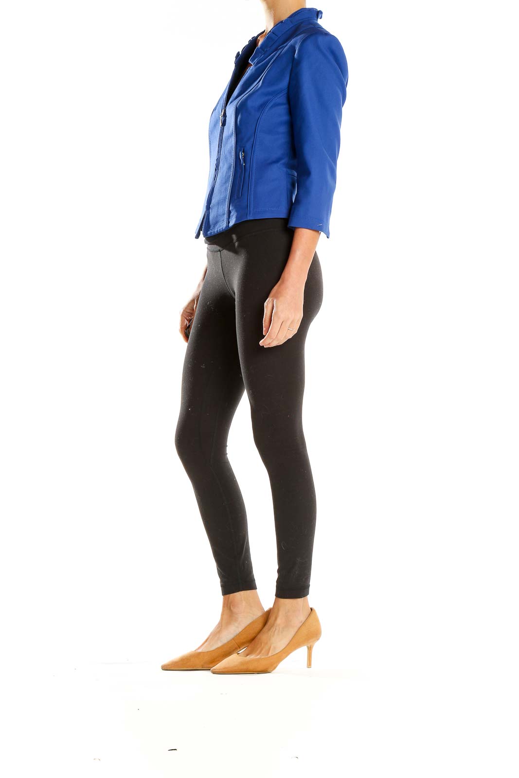 Front view of blue structured zip-front blazer from White House Black Market