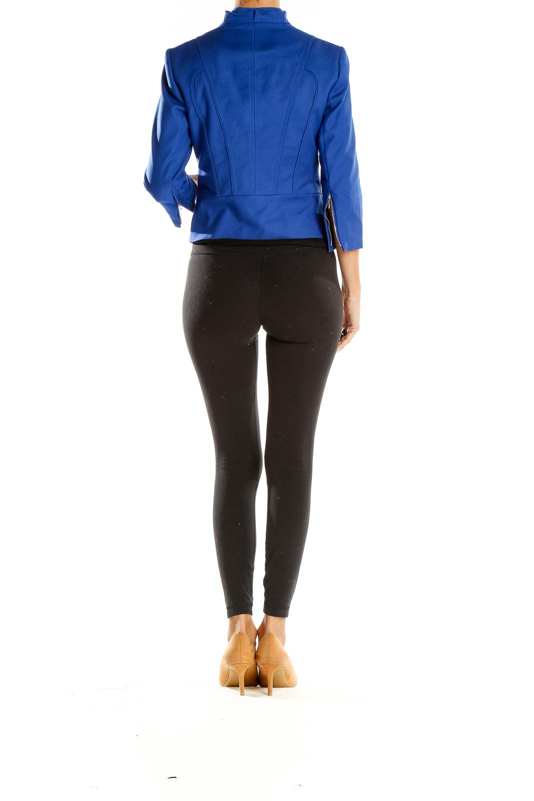 Side view of blue structured zip-front blazer from White House Black Market