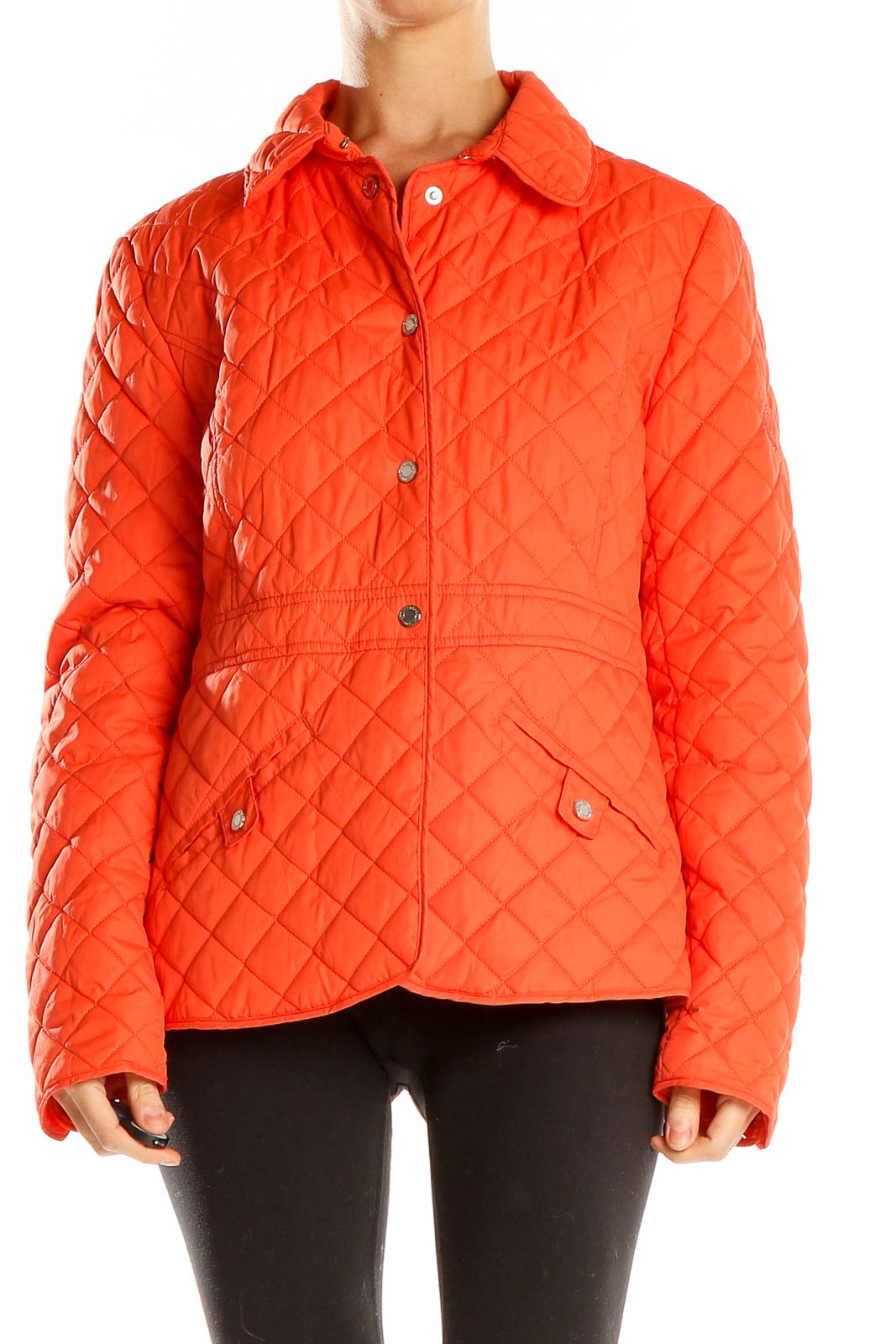 Front view of Lauren Ralph Lauren orange quilted button-up jacket