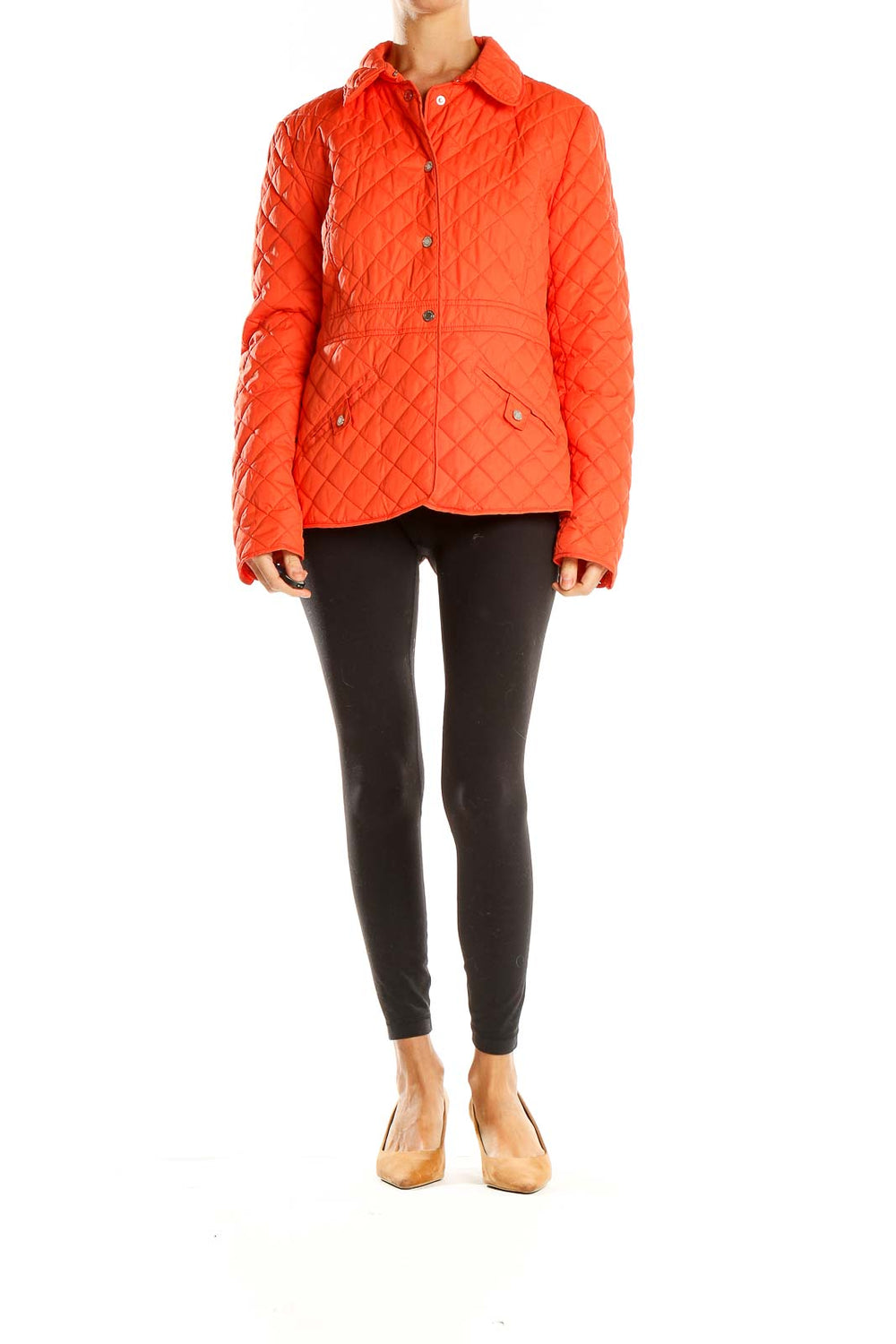 Front view of Lauren Ralph Lauren orange quilted button-up jacket