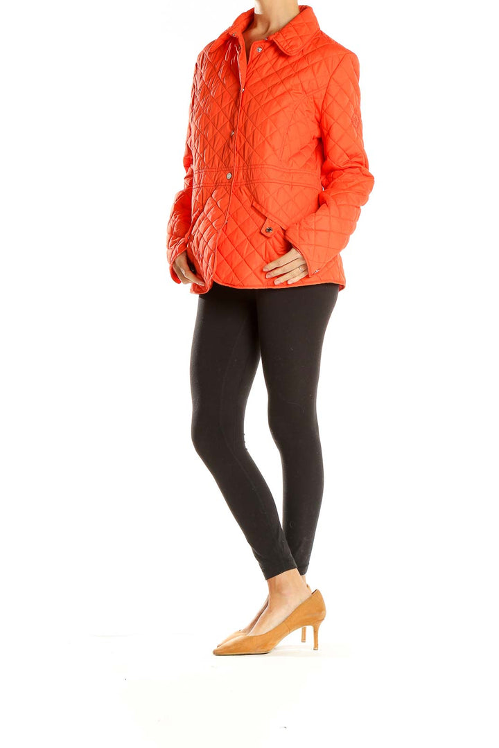 Front view of Lauren Ralph Lauren orange quilted button-up jacket