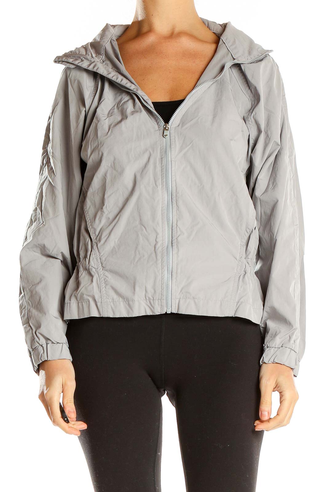 Front view of gray GapFit lightweight hooded zip-up jacket