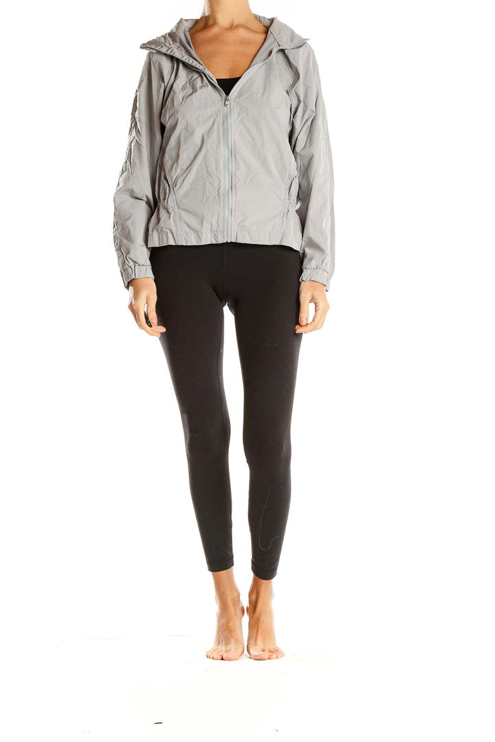 Front view of gray GapFit lightweight hooded zip-up jacket