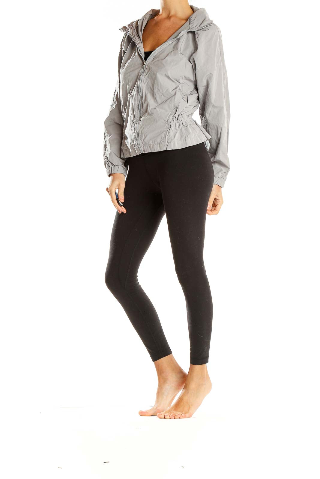Front view of gray GapFit lightweight hooded zip-up jacket