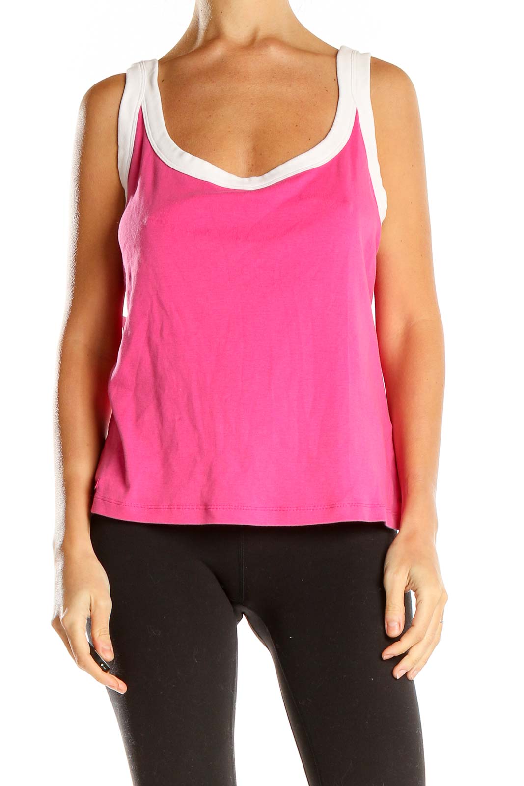 Front view of pink Lauren Active Ralph Lauren sleeveless tank top with white trim
