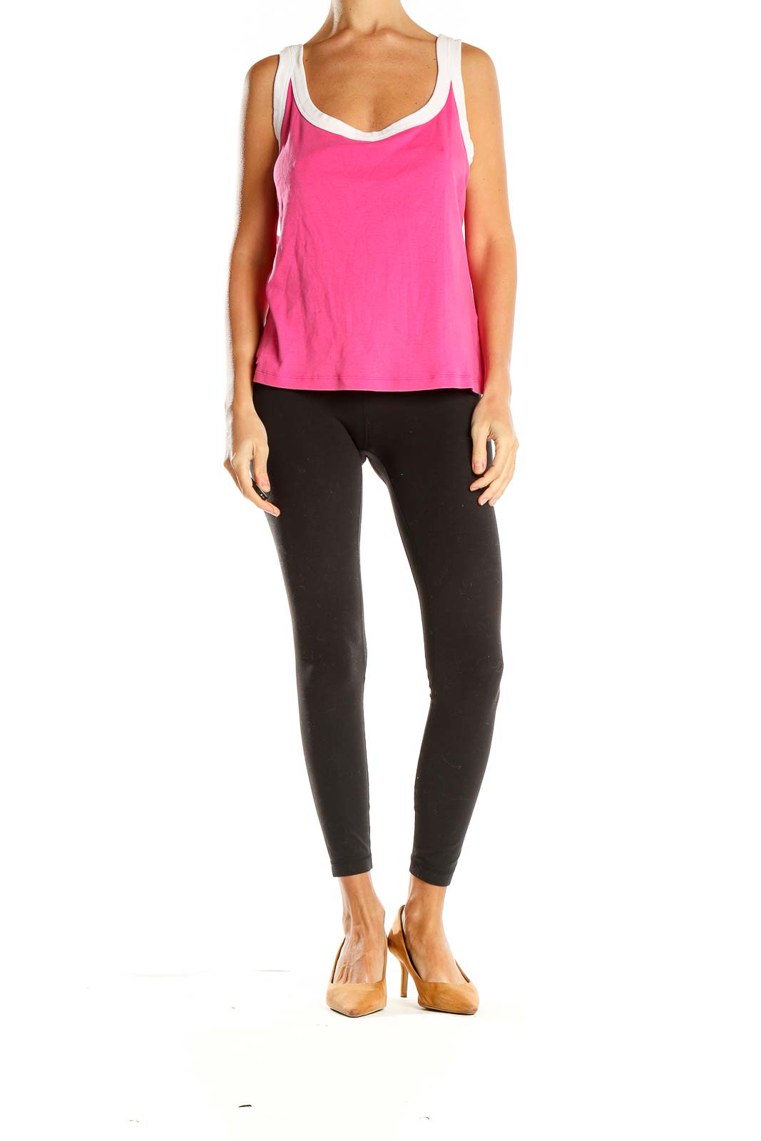 Front view of pink Lauren Active Ralph Lauren sleeveless tank top with white trim