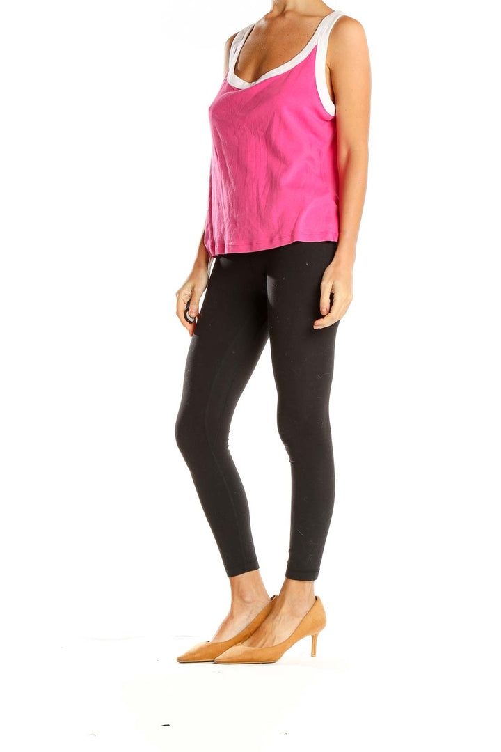 Front view of pink Lauren Active Ralph Lauren sleeveless tank top with white trim