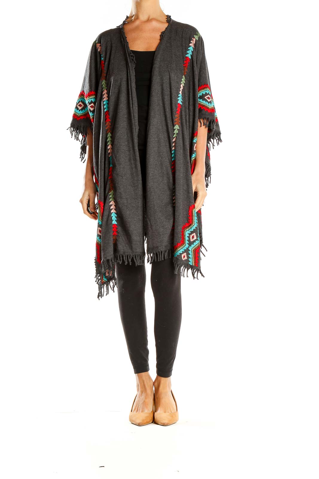 Front view of gray Scully cardigan with colorful Southwestern embroidery and fringe details