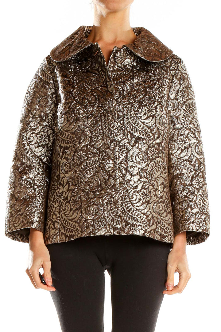 Front view of Banana Republic bronze metallic floral jacquard jacket with oversized collar