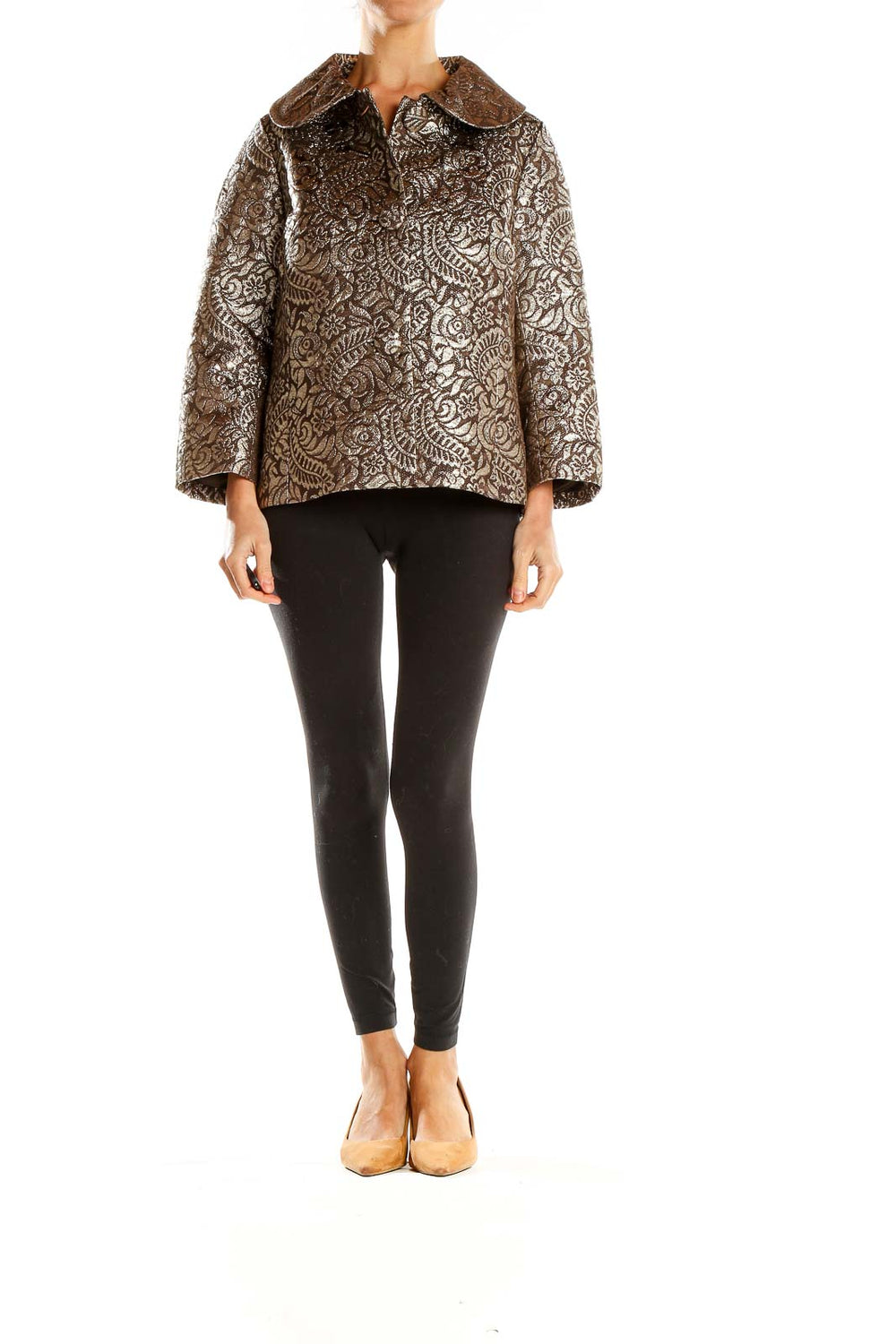 Front view of Banana Republic bronze metallic floral jacquard jacket with oversized collar