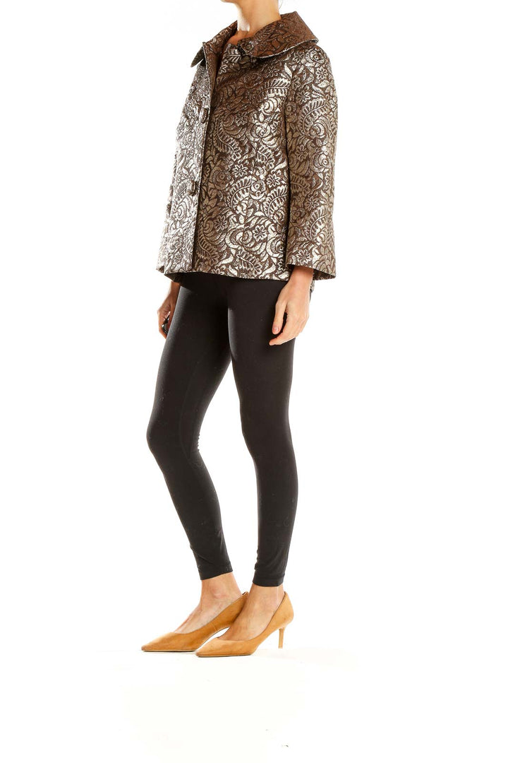 Front view of Banana Republic bronze metallic floral jacquard jacket with oversized collar