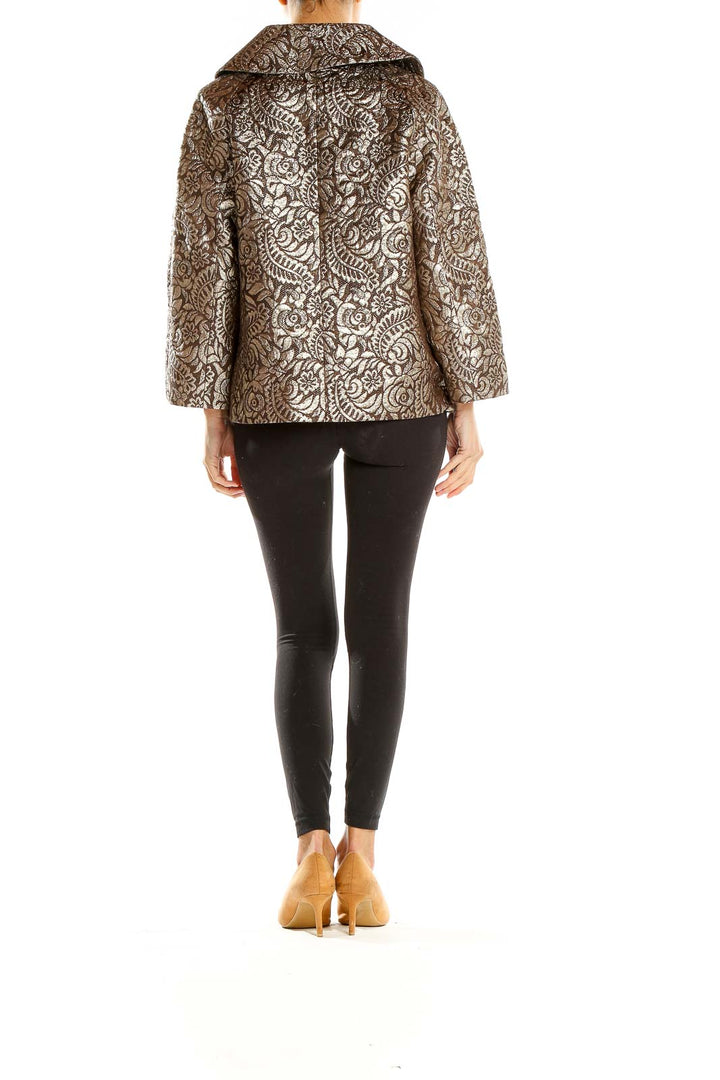 Side view of Banana Republic bronze metallic floral jacquard jacket on model with black pants