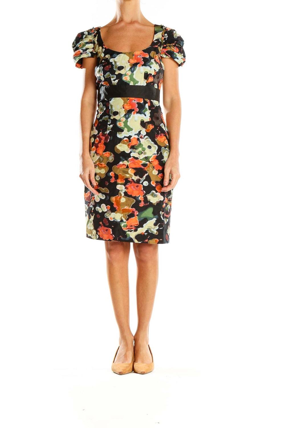 Front view of Moulinette Soeurs Multicolor Floral Print Sheath Dress with puff sleeves