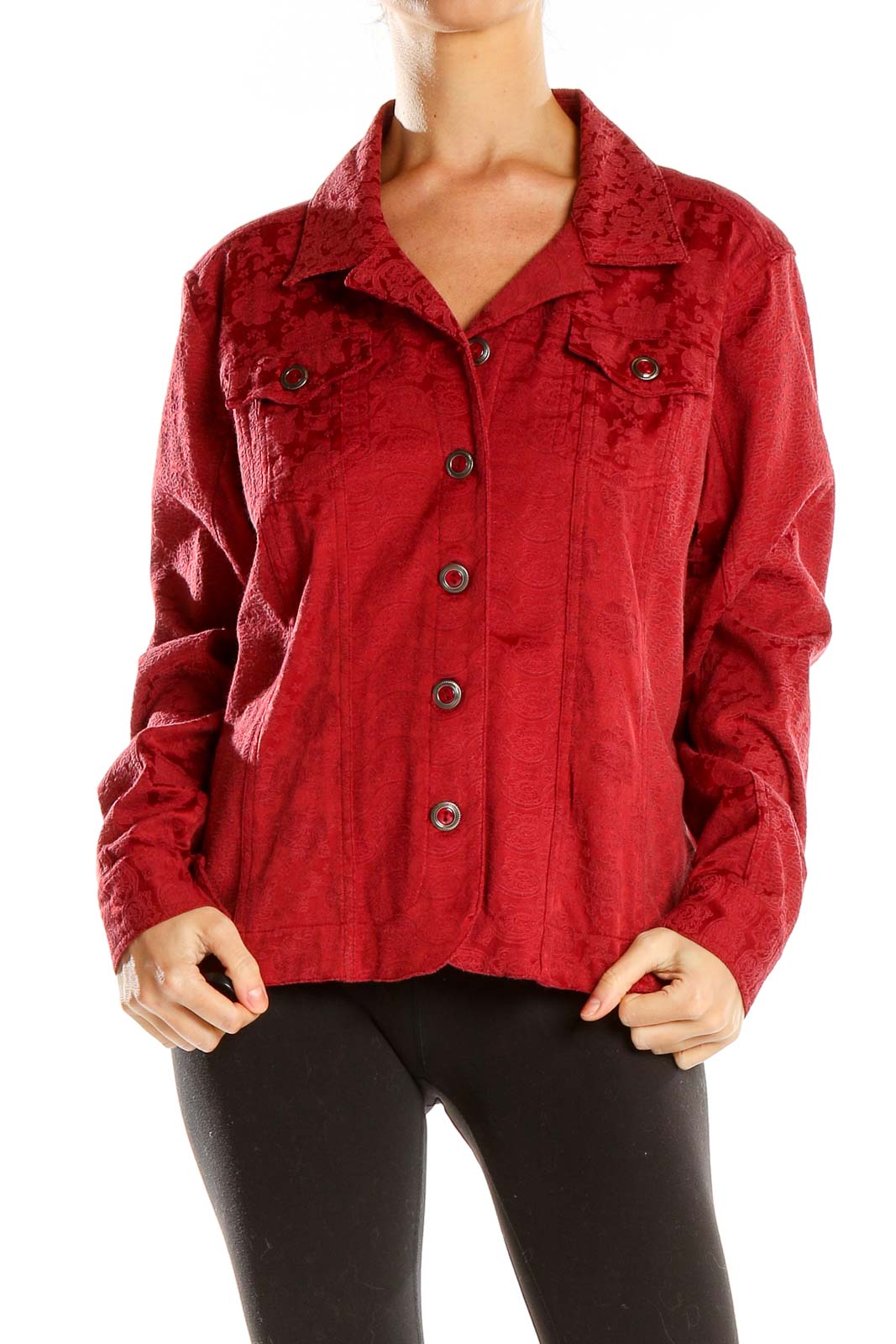 Front view of red textured button-up jacket from Christopher and Banks
