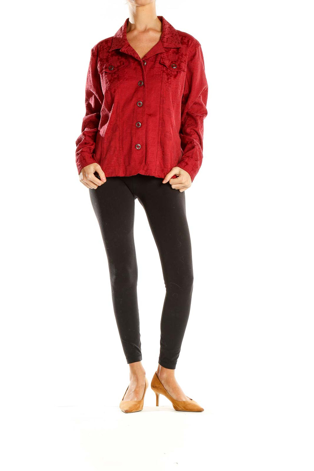 Front view of red textured button-up jacket from Christopher and Banks