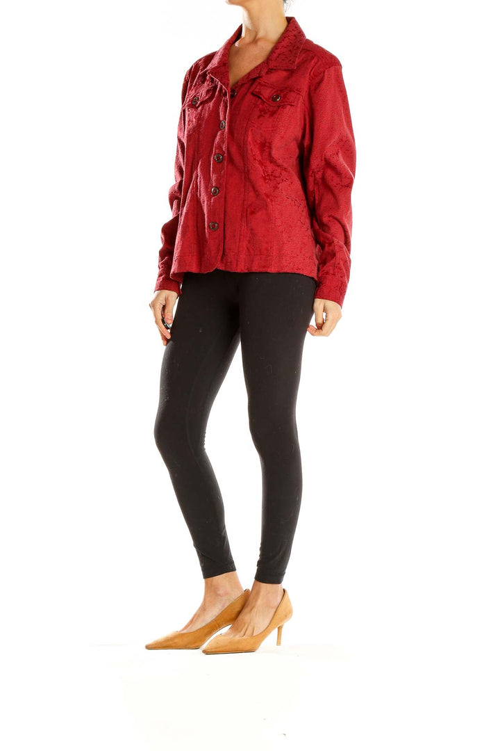 Front view of red textured button-up jacket from Christopher and Banks