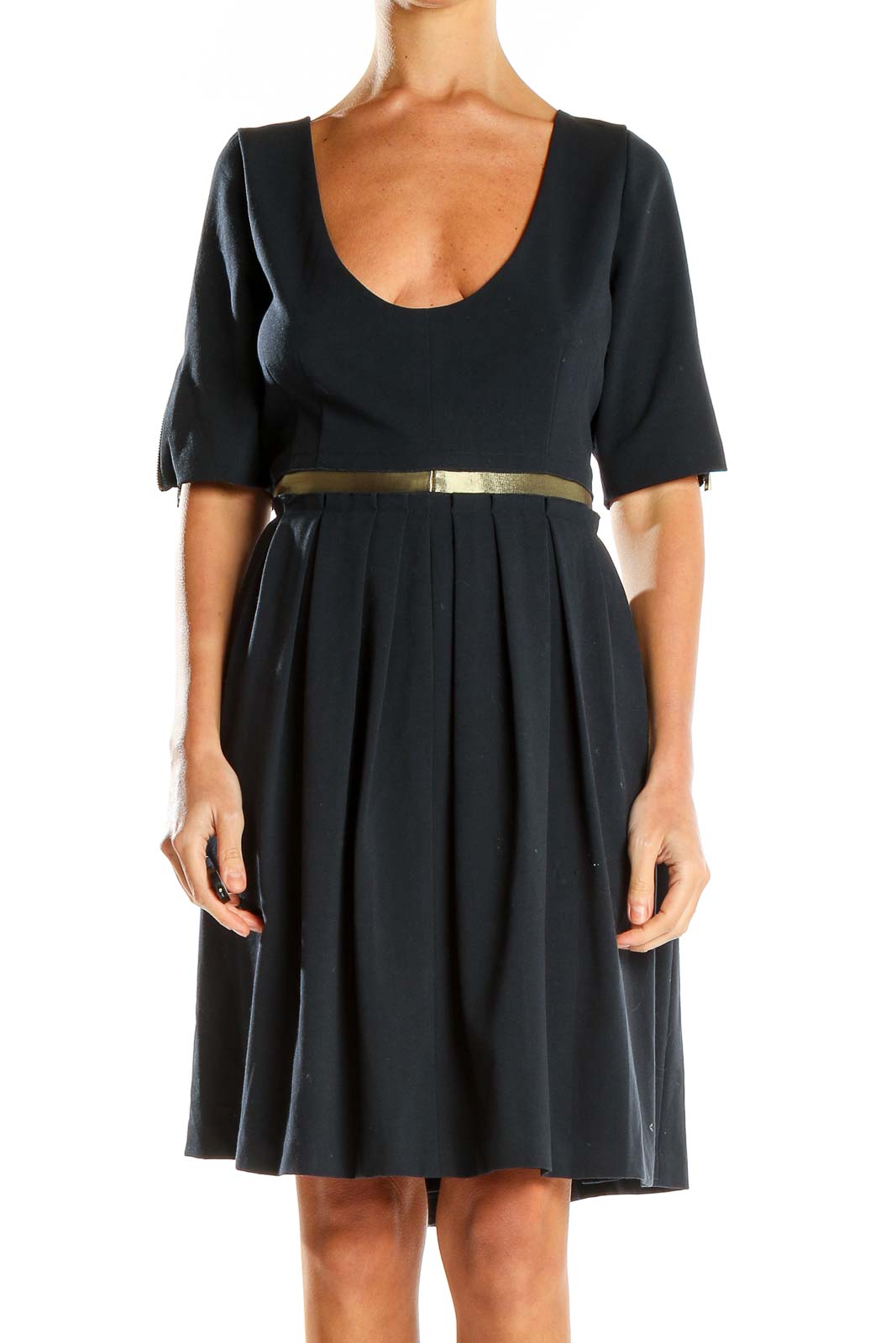 Front view of black MARC NEW YORK ANDREW MARC cocktail dress with scoop neck and gold-tone belt