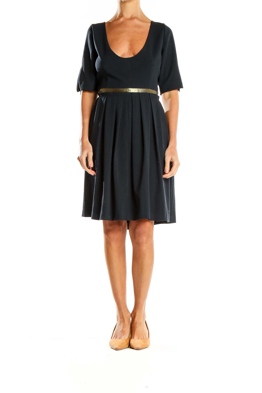 Front view of black MARC NEW YORK ANDREW MARC cocktail dress with scoop neck and gold-tone belt