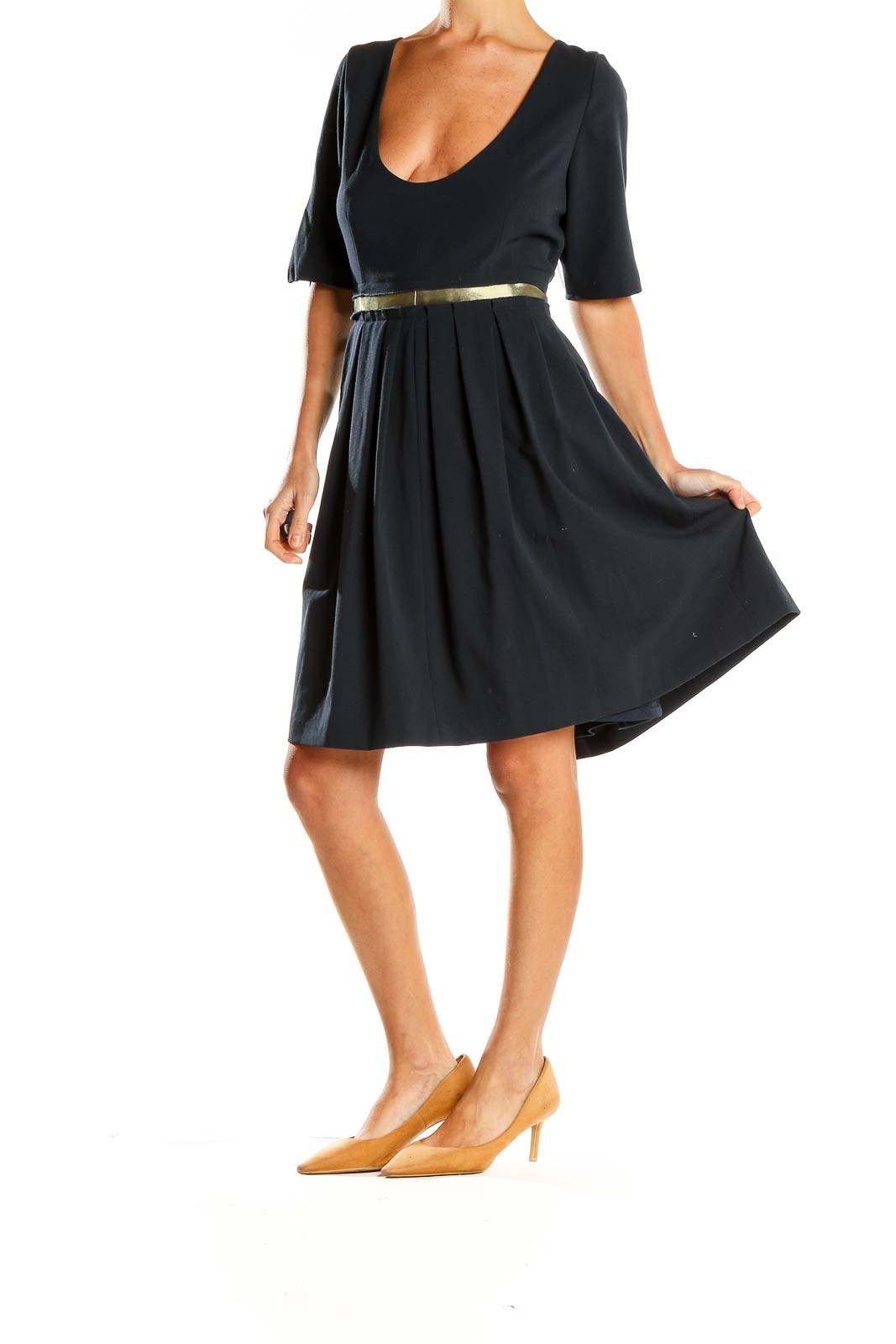Front view of black MARC NEW YORK ANDREW MARC cocktail dress with scoop neck and gold-tone belt