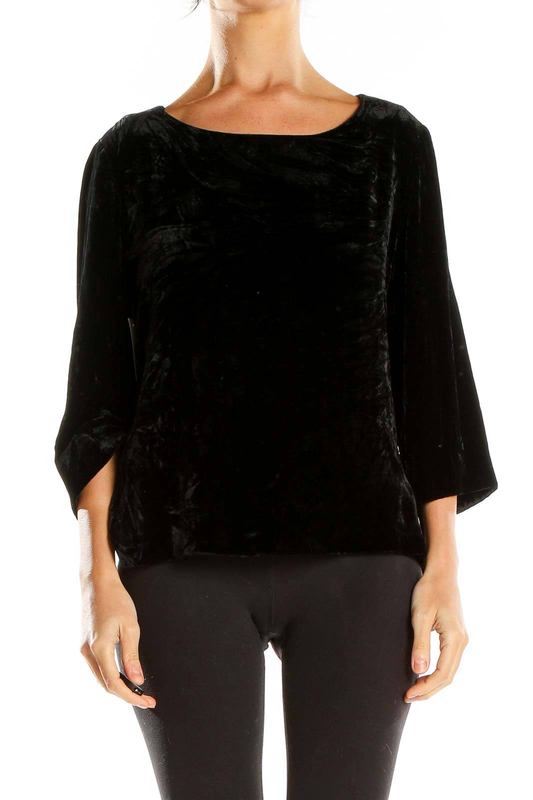 Front view of Talbots black velvet blouse with boat neckline and 3/4 sleeves