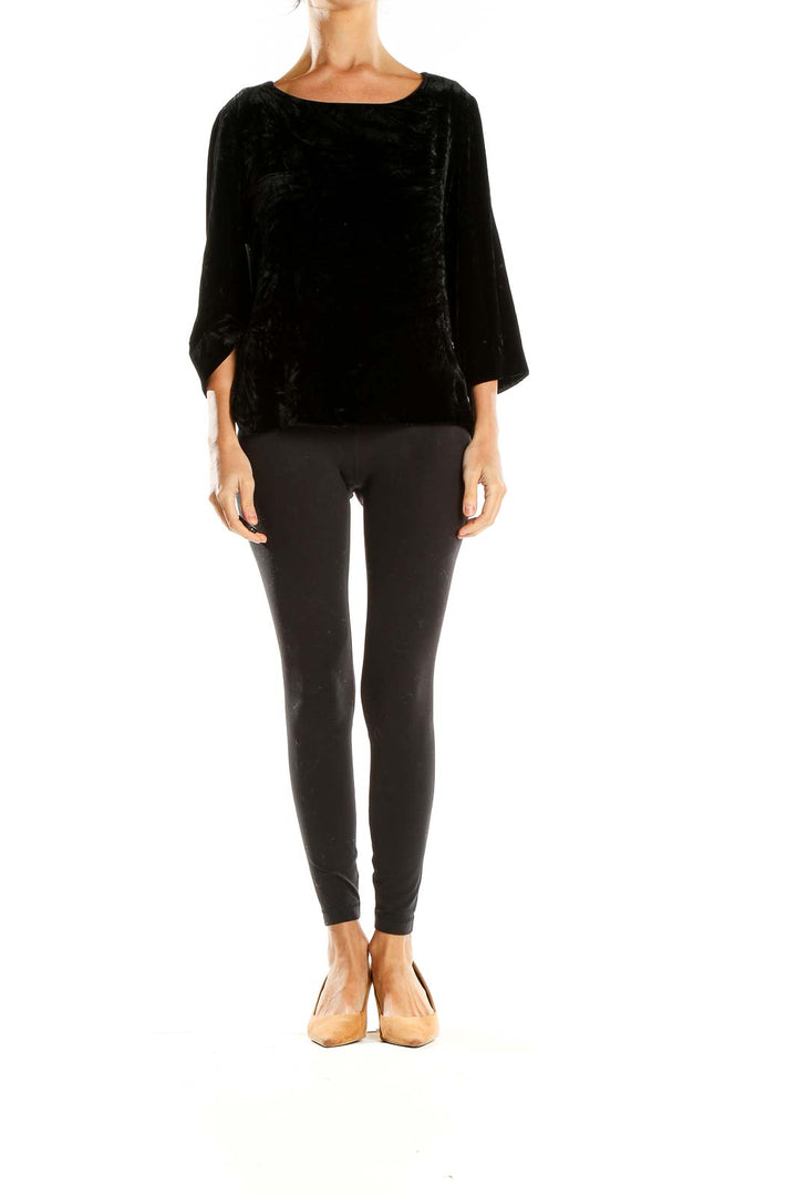 Front view of Talbots black velvet blouse with boat neckline and 3/4 sleeves