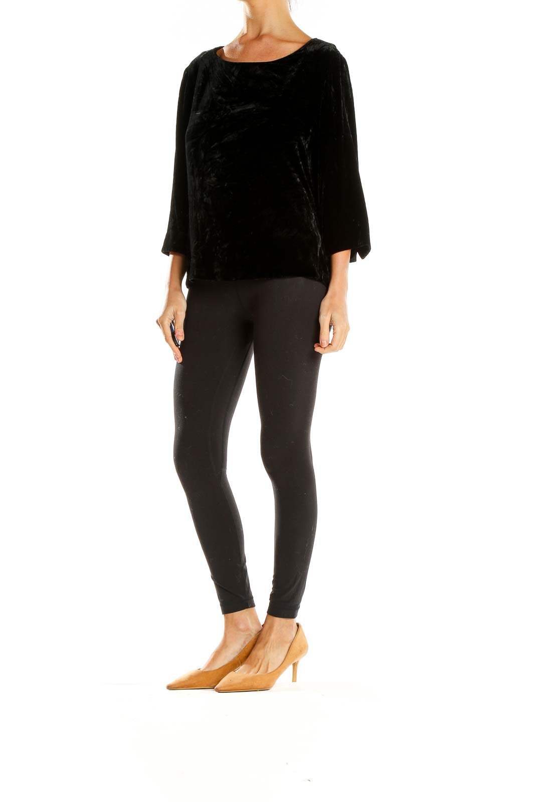 Front view of Talbots black velvet blouse with boat neckline and 3/4 sleeves