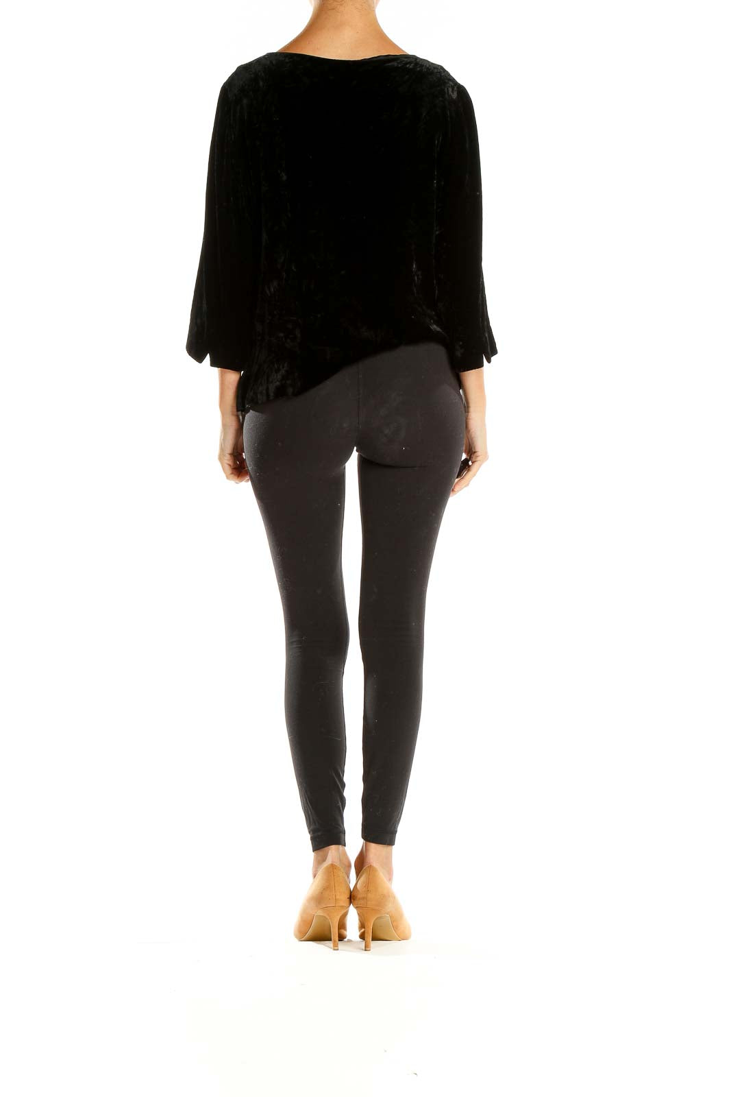 Back view of Talbots black velvet blouse showing elegant drape and fit