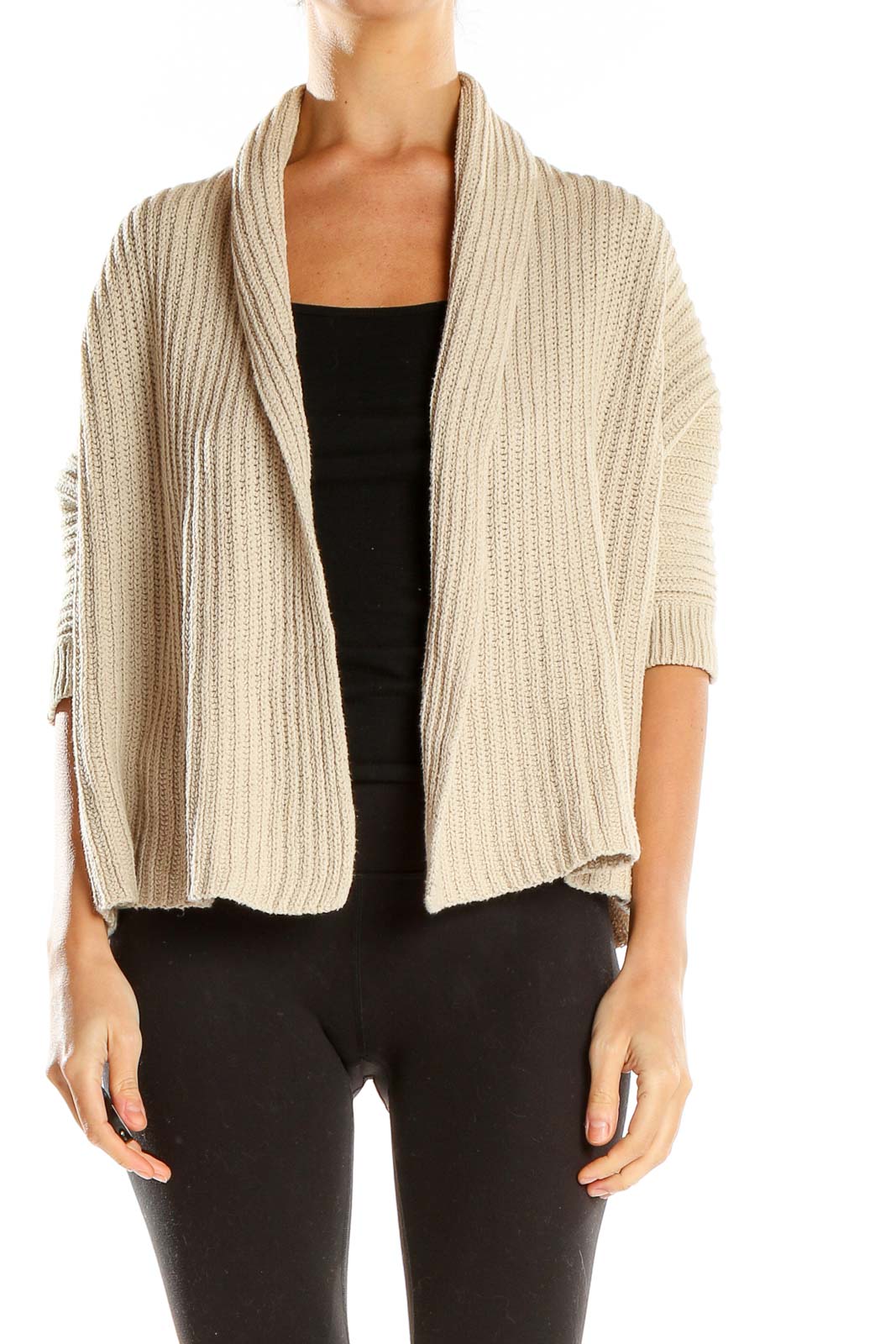 Front view of Banana Republic beige ribbed open-front cardigan