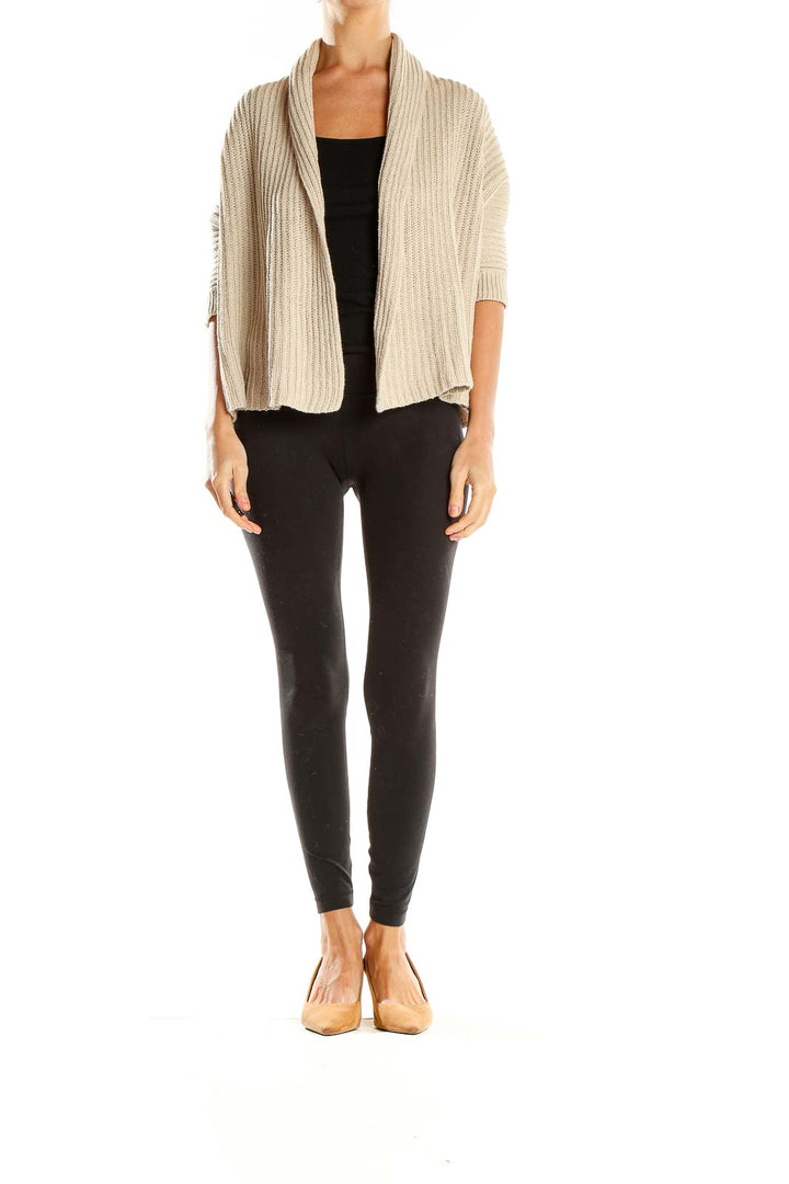 Front view of Banana Republic beige ribbed open-front cardigan