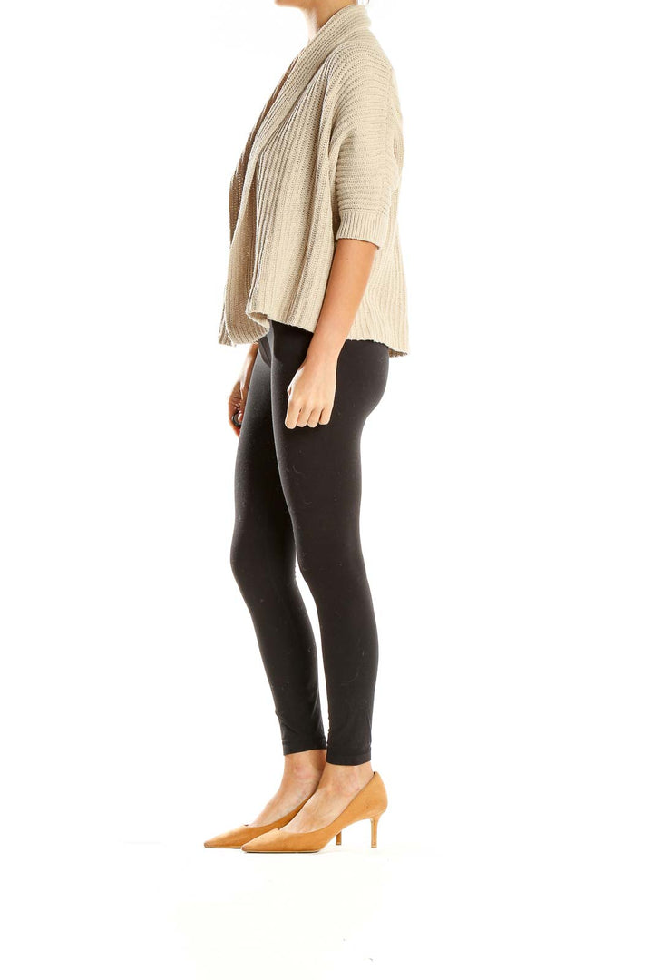 Front view of Banana Republic beige ribbed open-front cardigan