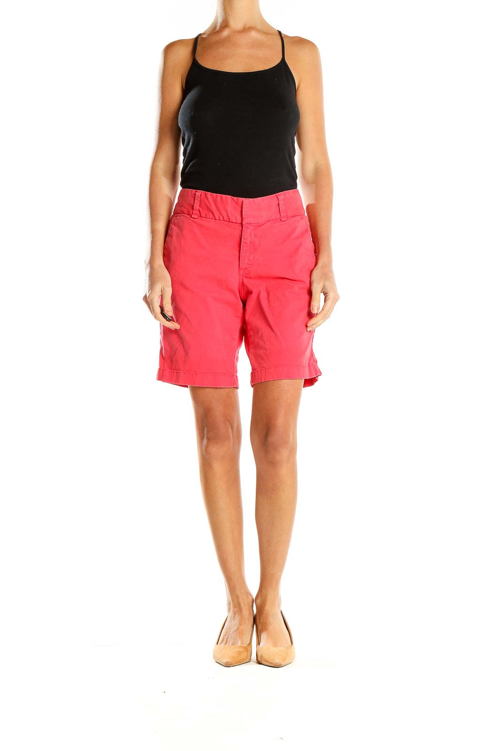 Front view of J.Crew coral chino shorts on model