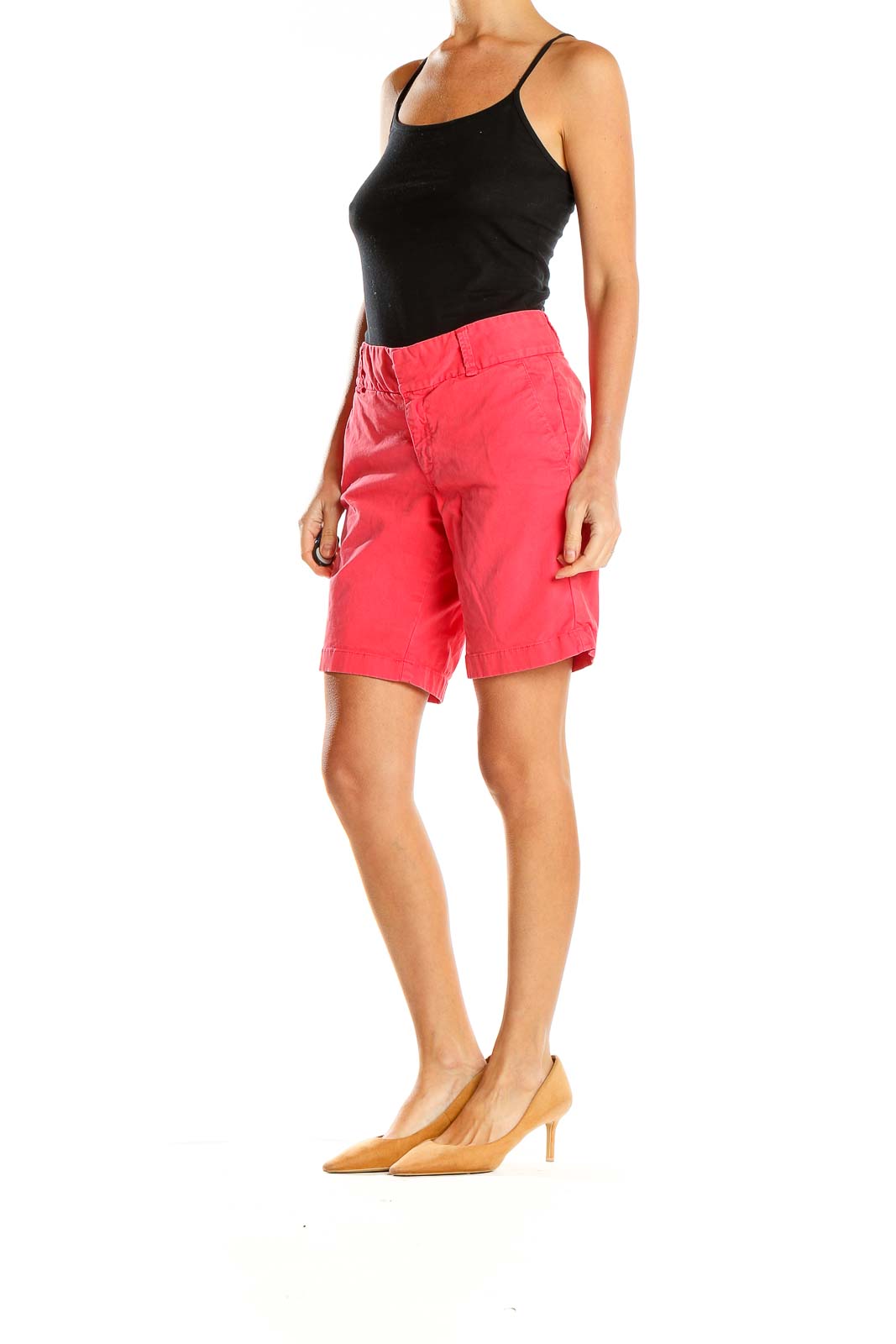 Front view of J.Crew coral chino shorts on model