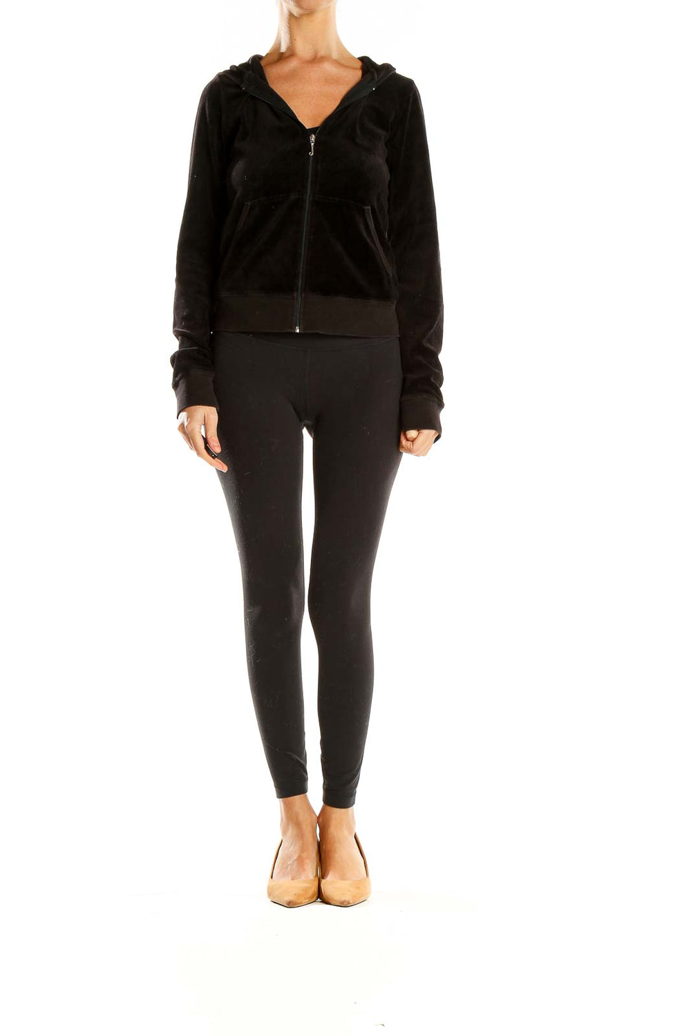 Front view of Juicy Couture black velour zip-up hoodie jacket