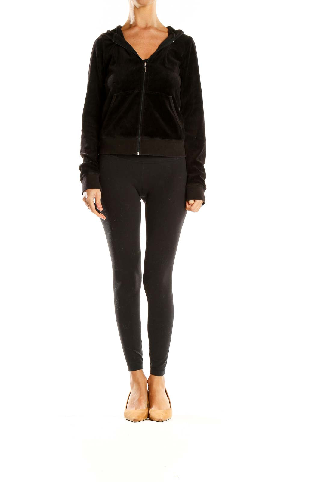 Front view of Juicy Couture black velour zip-up hoodie jacket