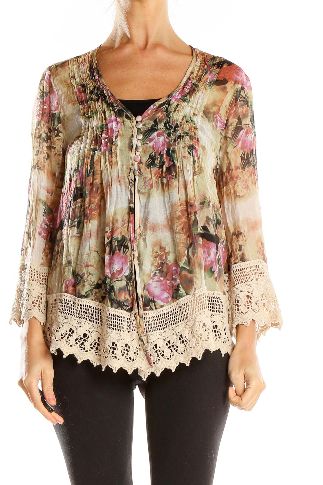 Front view of Adiva beige floral blouse with lace trim and pintuck details