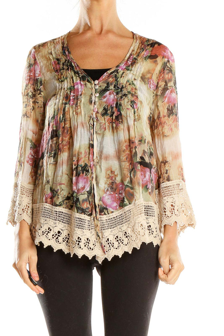 Front view of Adiva beige floral blouse with lace trim and pintuck details