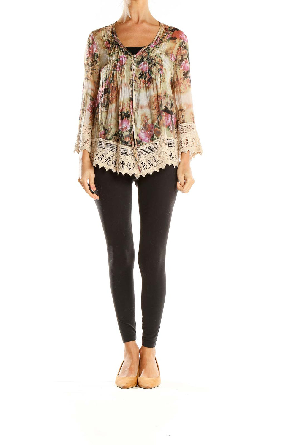 Front view of Adiva beige floral blouse with lace trim and pintuck details