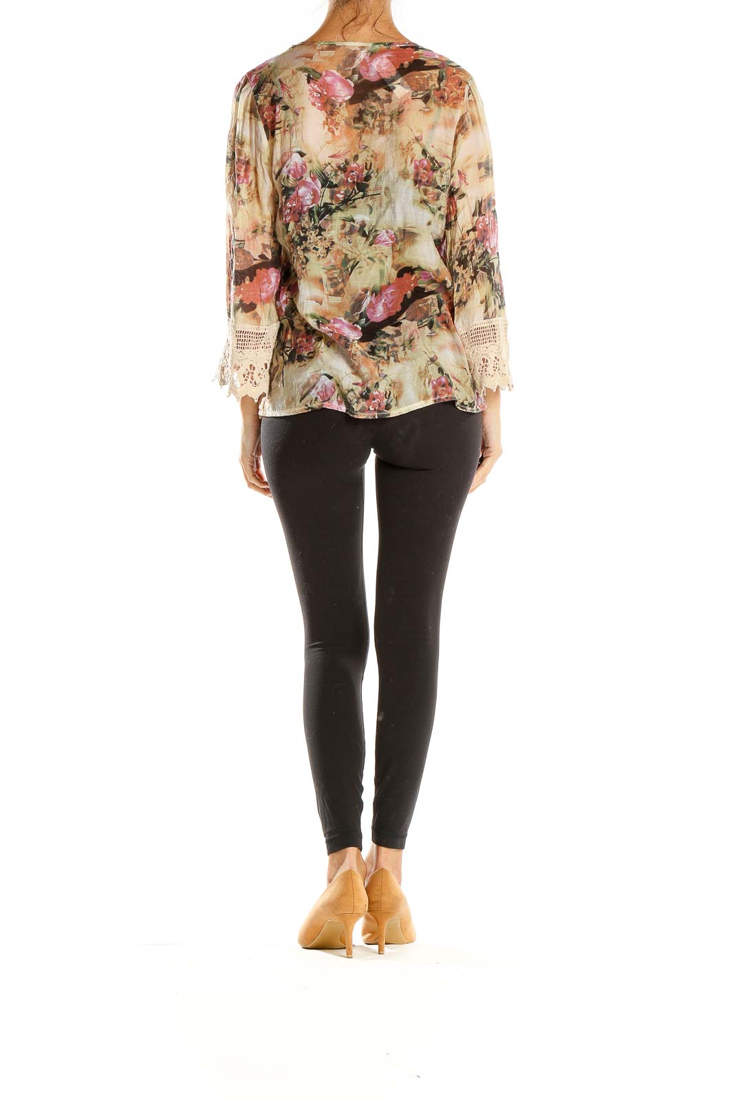 Side view of Adiva beige floral blouse showing lace-trimmed bell sleeves